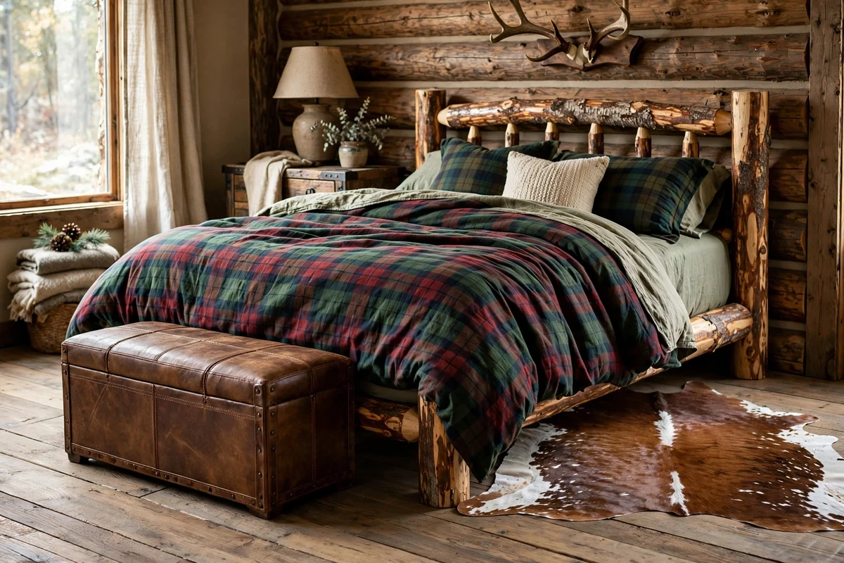 Rustic bedroom with natural cowhide rug beside bed
