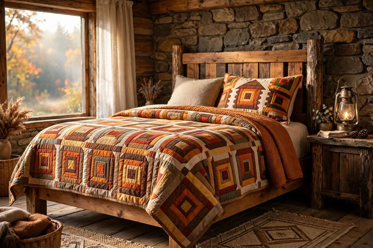 Rustic bedroom bed with handmade patchwork quilt in autumn colors