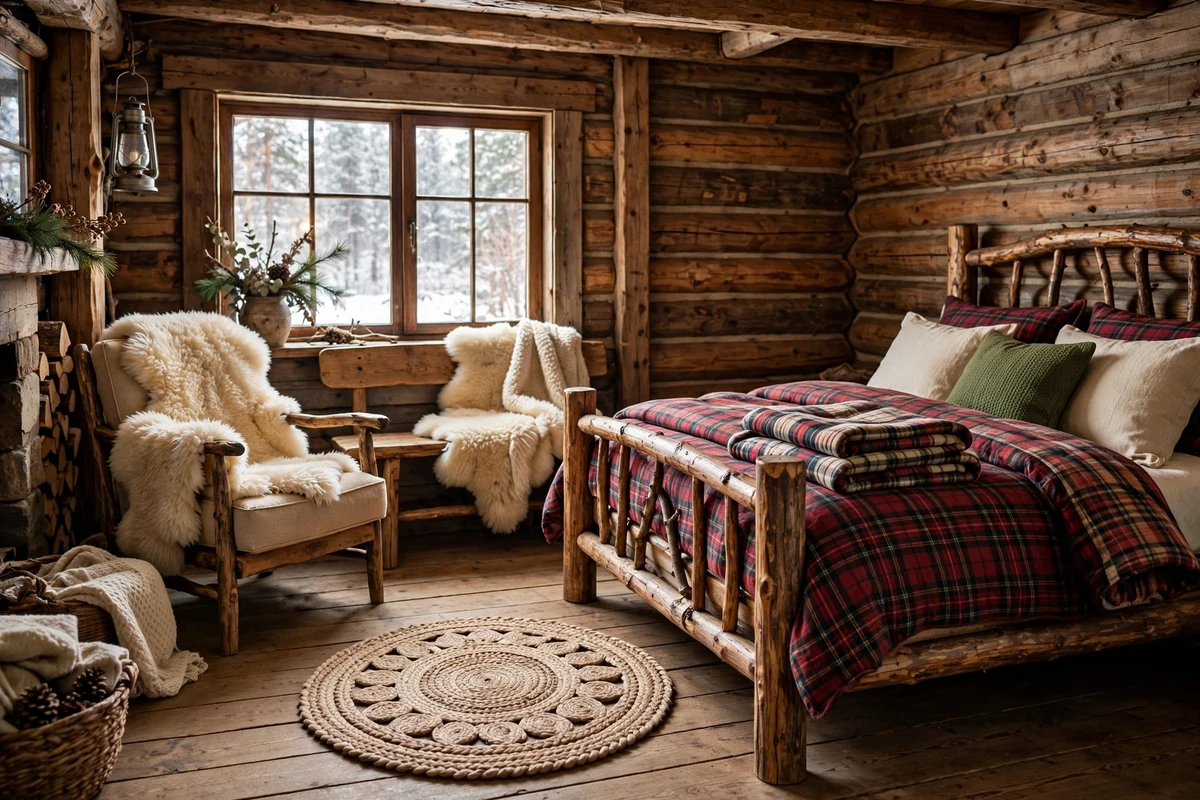 Rustic bedroom with sheepskin throws on bench and chair