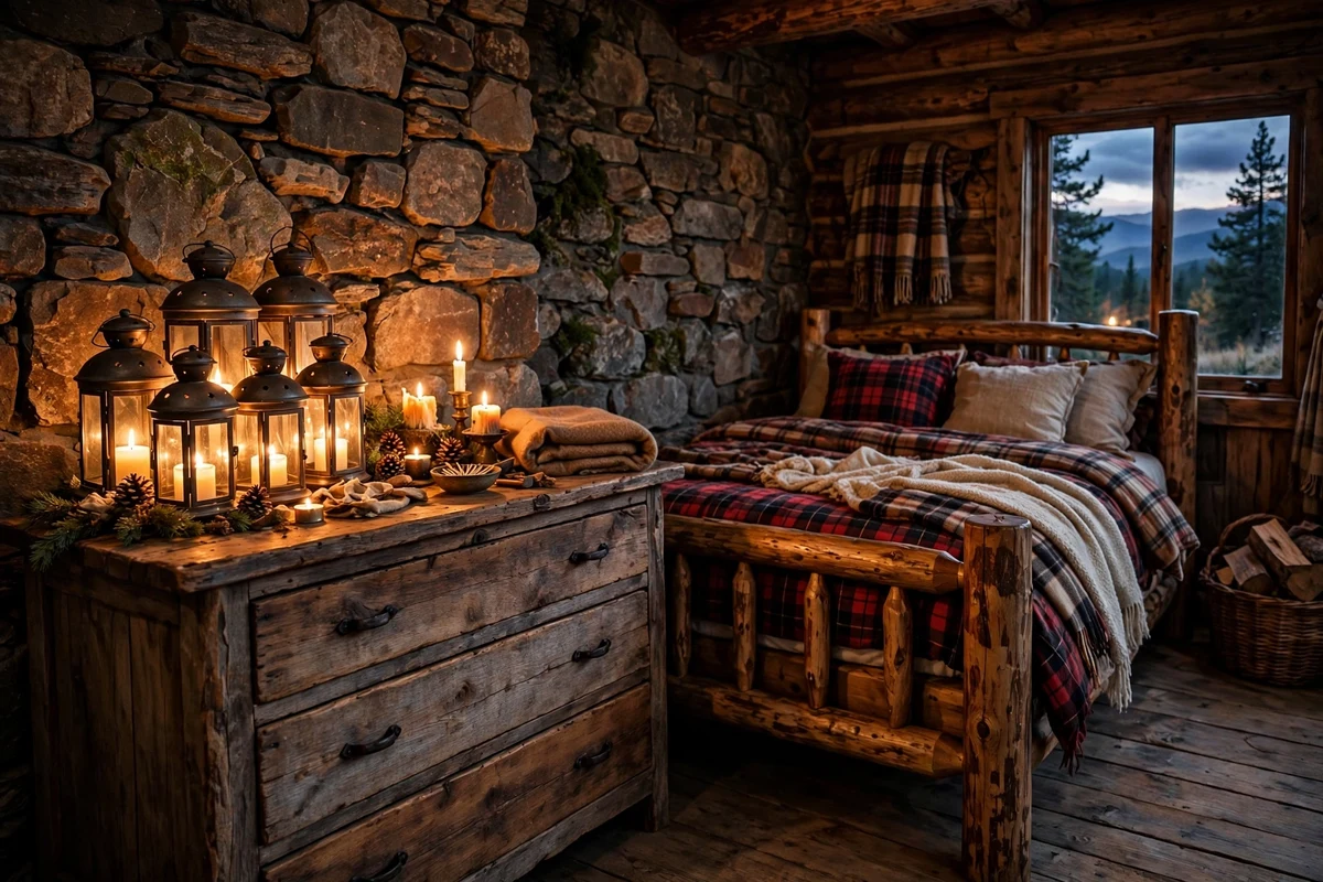Rustic bedroom dresser with cluster of glowing metal lanterns
