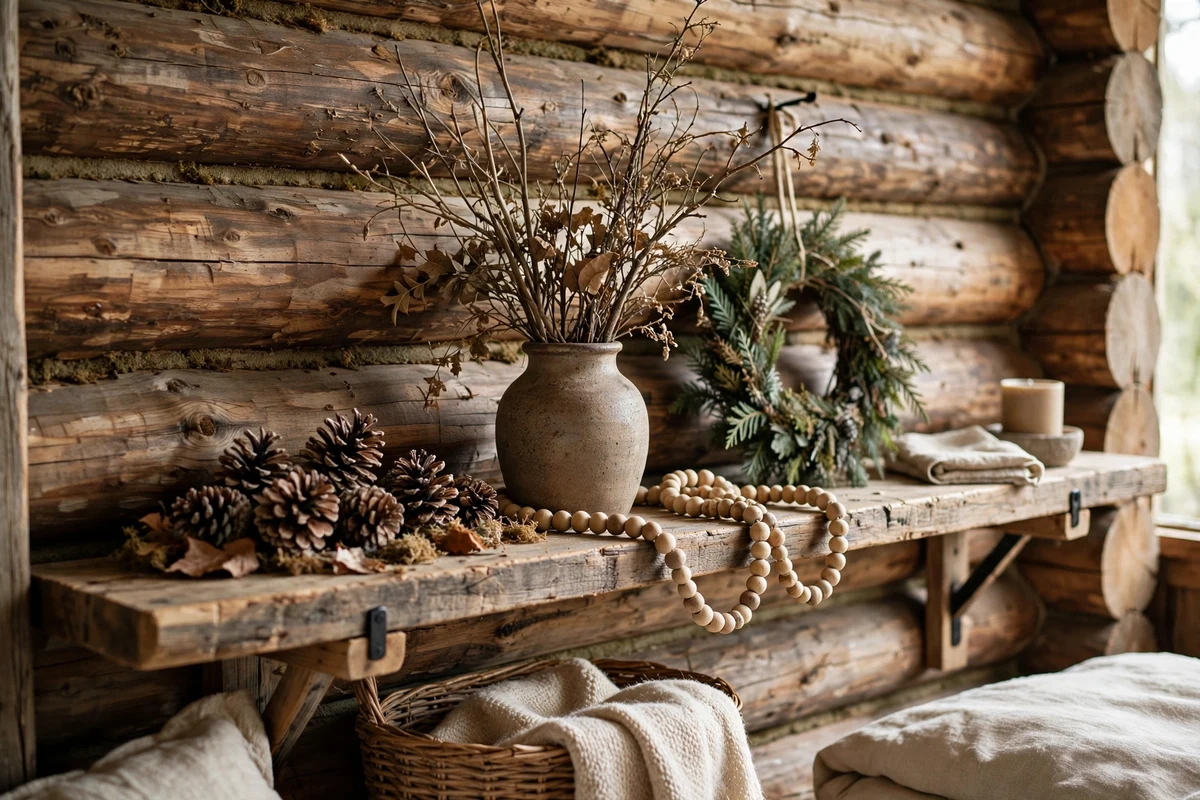 Rustic bedroom shelf with pine cones and dried branches