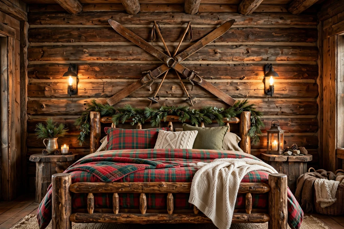Rustic bedroom wall with vintage wooden skis as decor