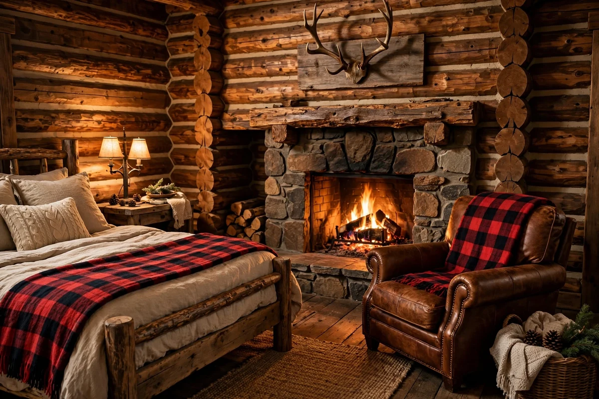 Rustic bedroom with mounted antlers above stone fireplace mantel