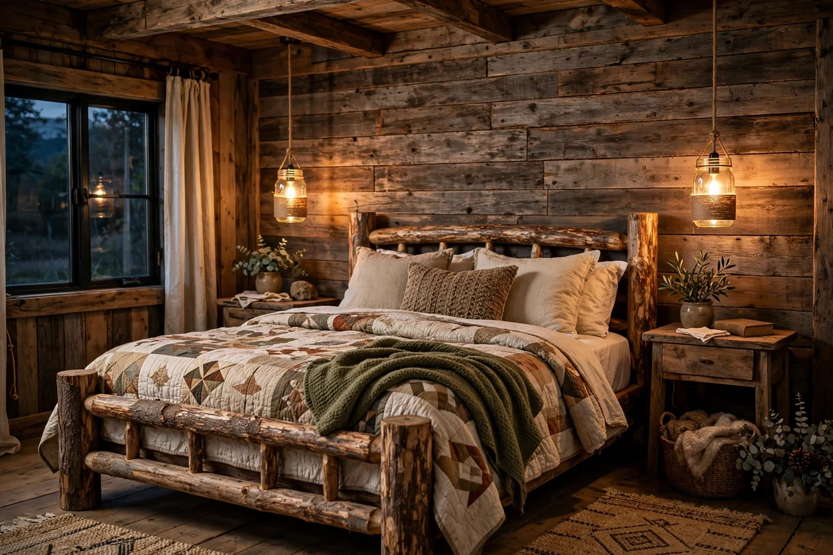 Rustic bedroom with mason jar pendant lights over nightstands