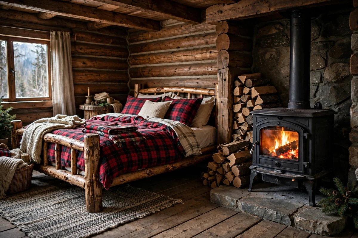 Rustic bedroom with black cast iron wood-burning stove
