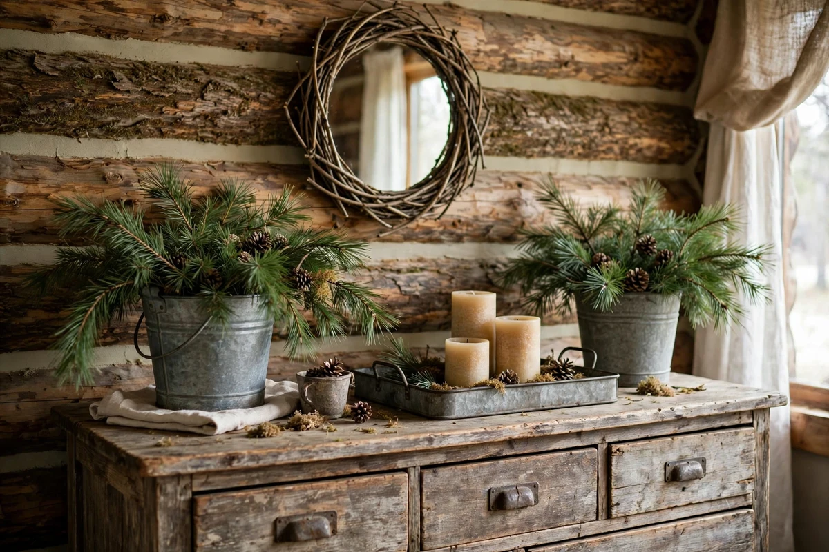 Rustic bedroom dresser with galvanized metal buckets and pine branches