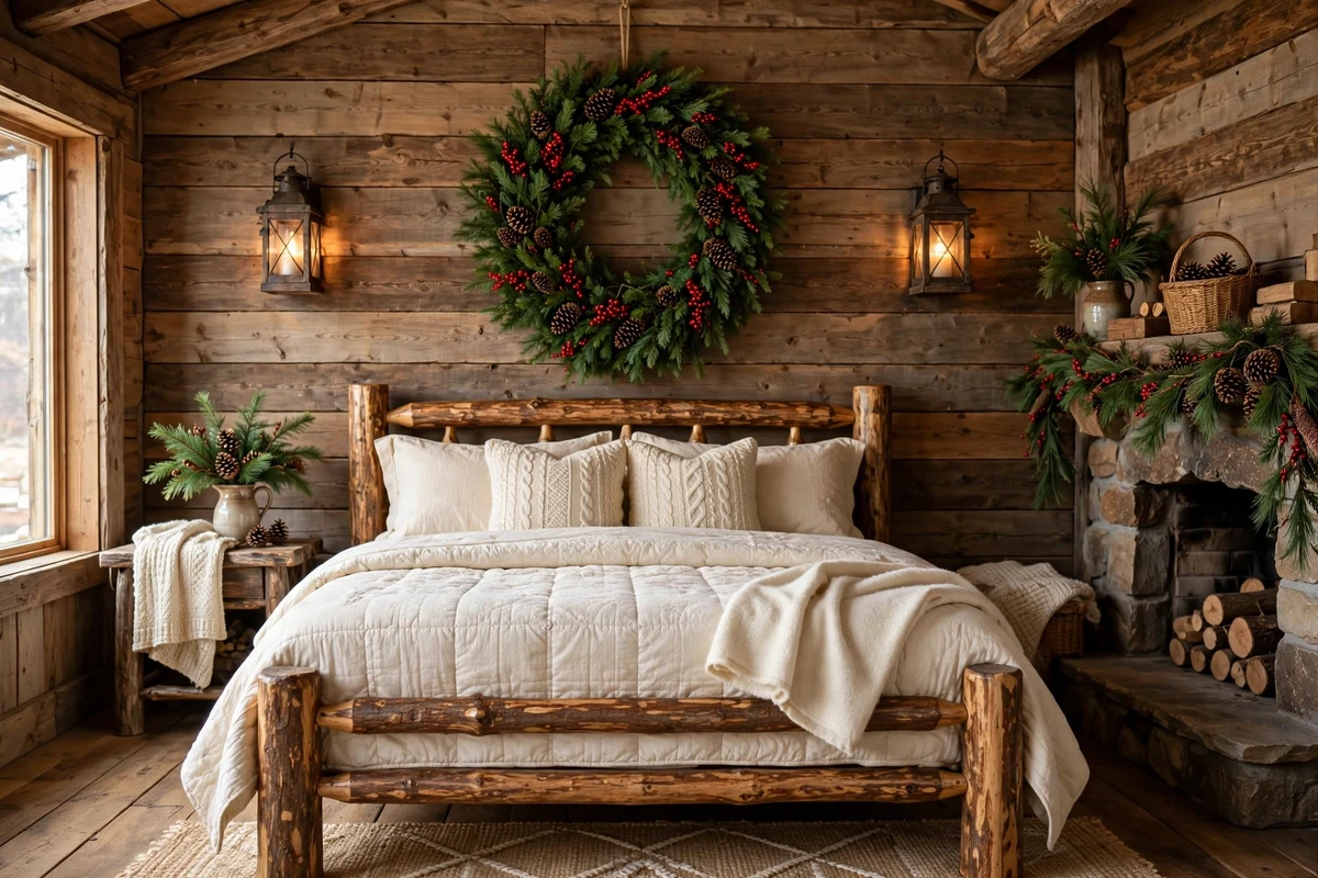 Rustic bedroom with fresh evergreen wreath above wooden headboard