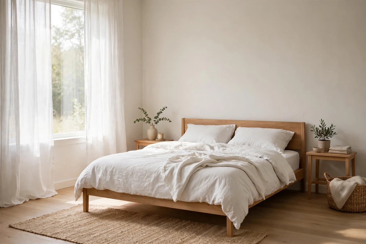 Scandinavian bedroom with warm white walls, light oak floor and white linen bedding in soft daylight