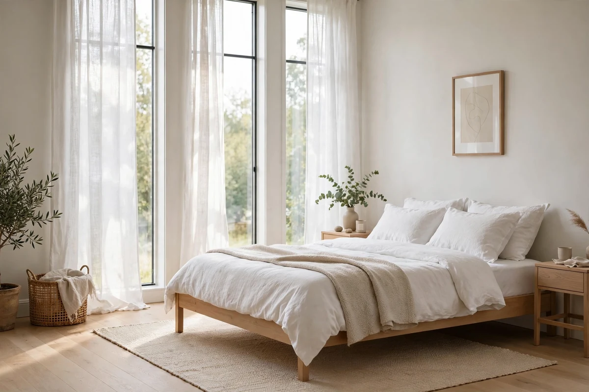 Sheer white linen curtains filtering daylight in a calm Scandinavian bedroom