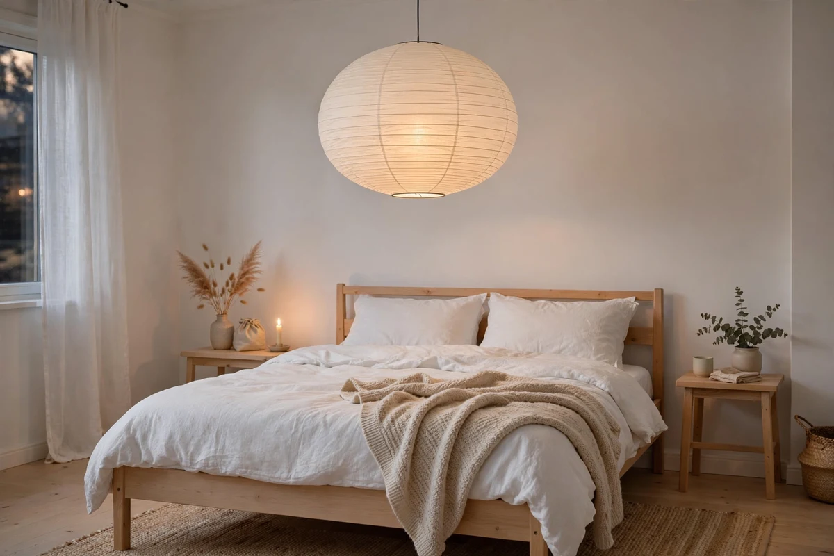 White rice paper globe pendant light glowing warmly in a Scandinavian bedroom