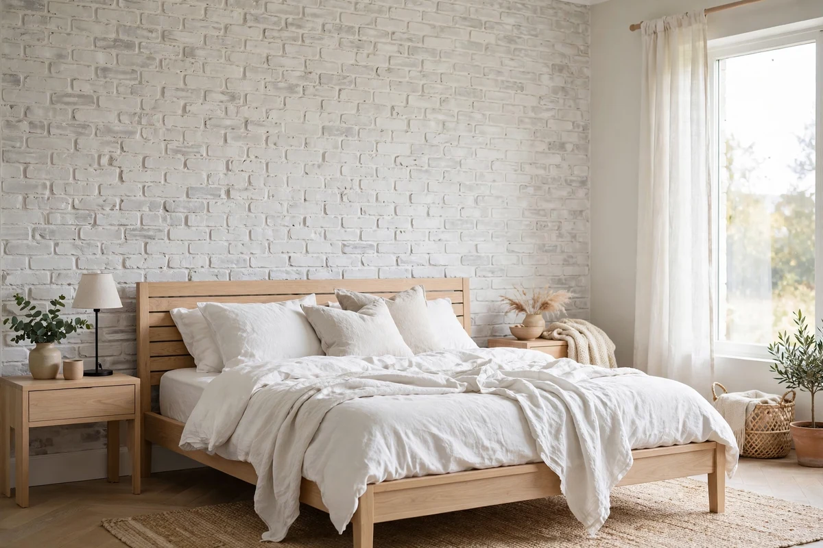 Whitewashed brick accent wall behind a light wood bed in a Scandinavian bedroom