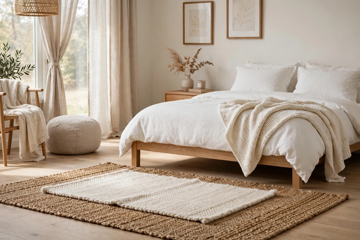 Layered jute and ivory wool rugs on light oak floor in a Scandinavian bedroom