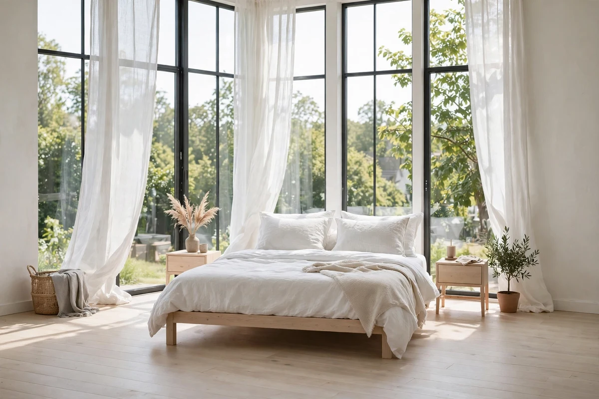 Tall bright windows flooding a minimalist Scandinavian bedroom with daylight