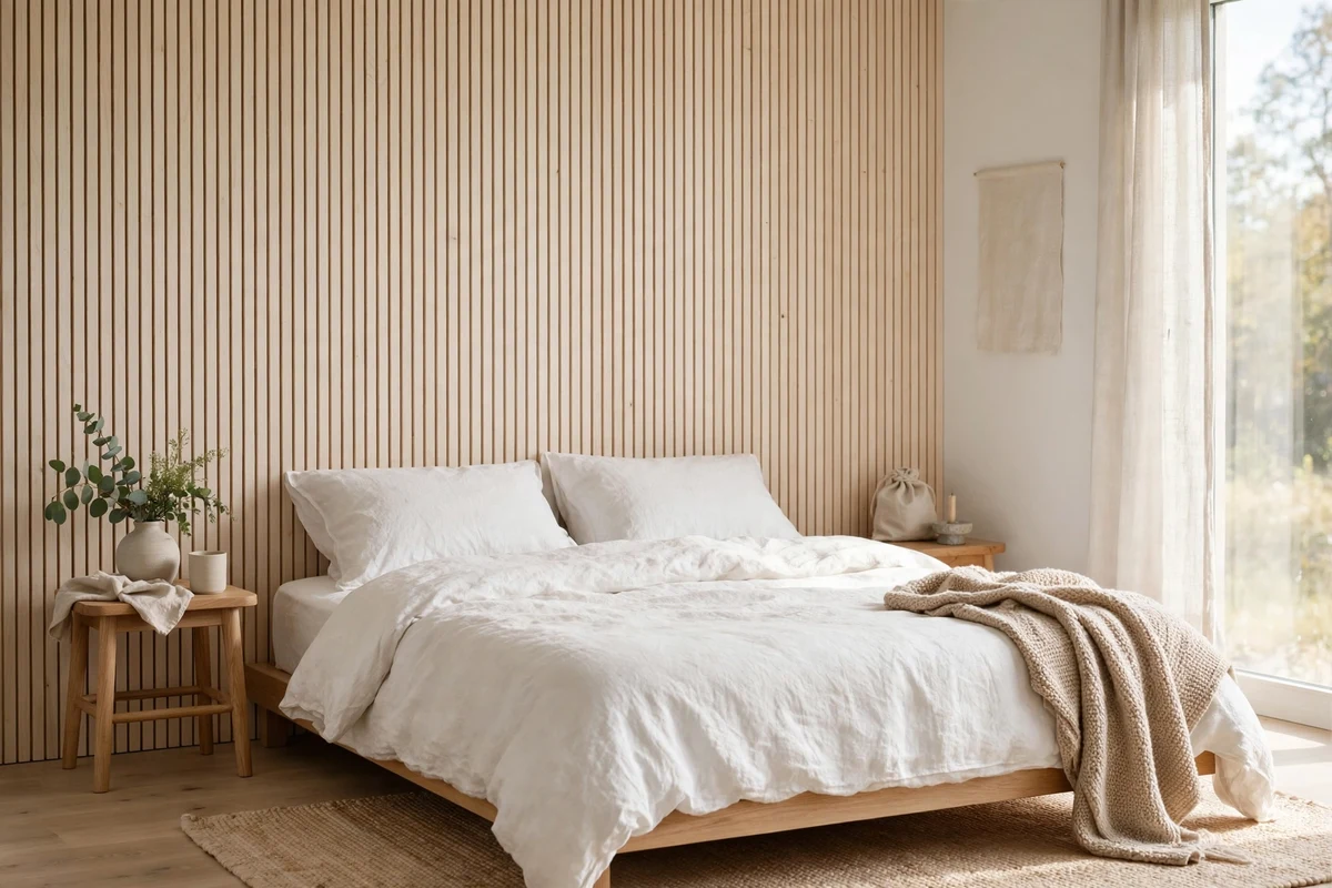 Pale vertical wood slat paneling behind a bed with white linen bedding