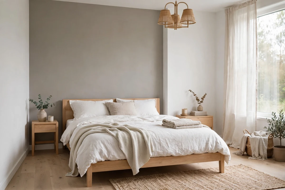 Soft warm grey accent wall in a calm Scandinavian bedroom with white bedding