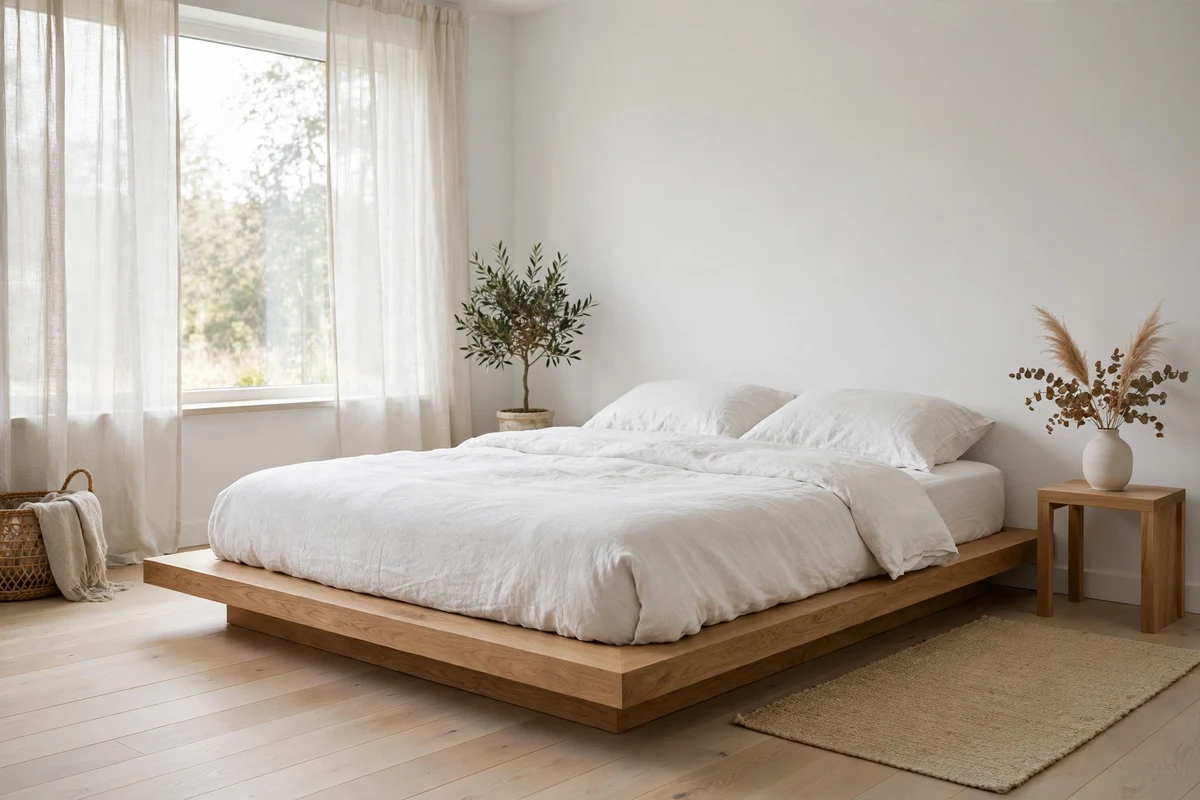 Low-profile solid oak platform bed with white linen bedding in a Scandinavian bedroom