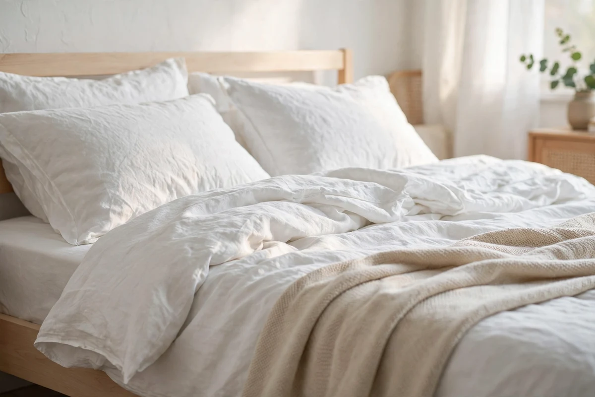 Crisp white washed linen bedding layered on a light wood Scandinavian bed