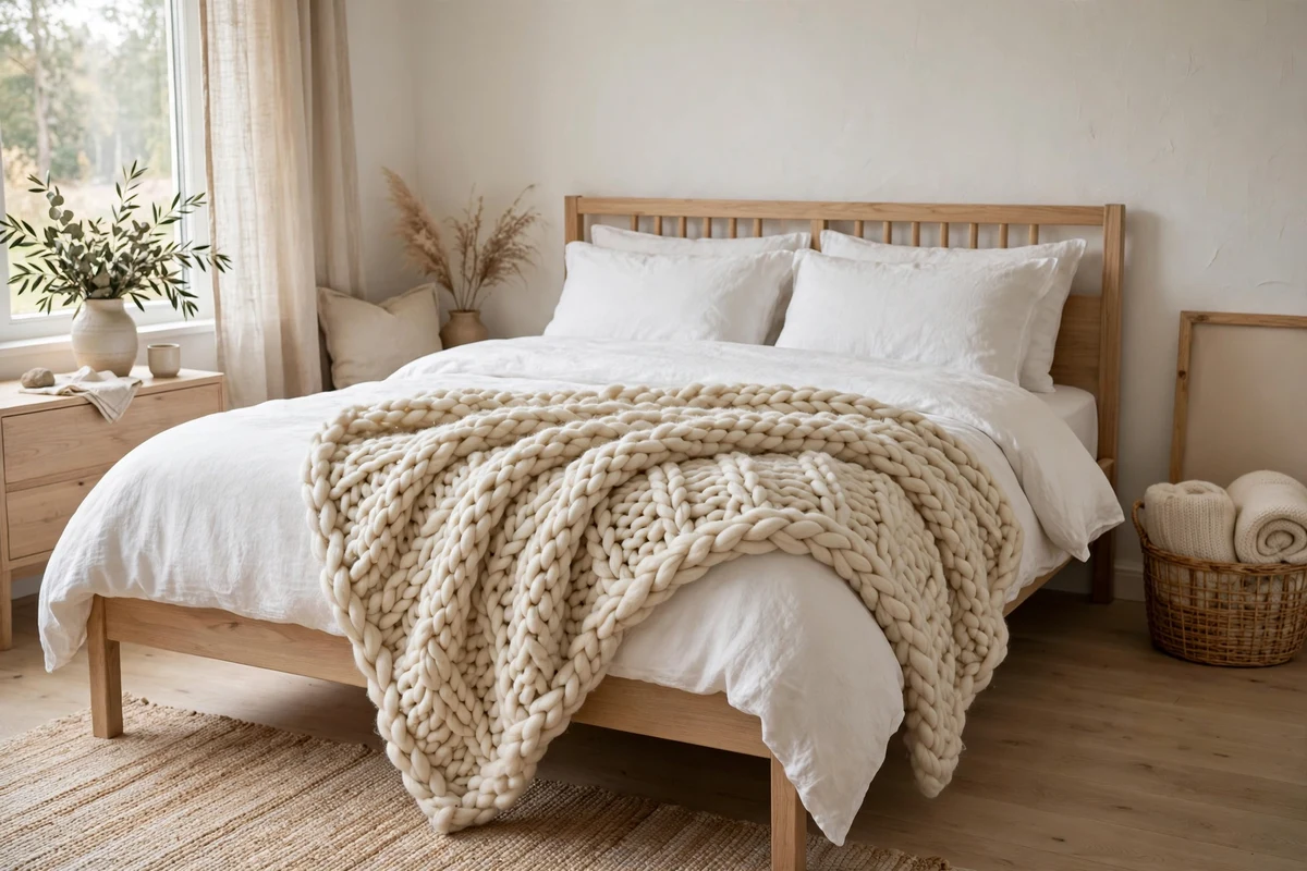 Chunky cream knit throw draped over white linen bedding in a Scandinavian bedroom