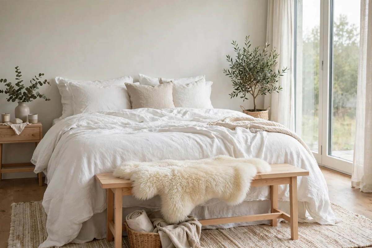 Ivory sheepskin throw over a wooden bench at the foot of a Scandinavian bed