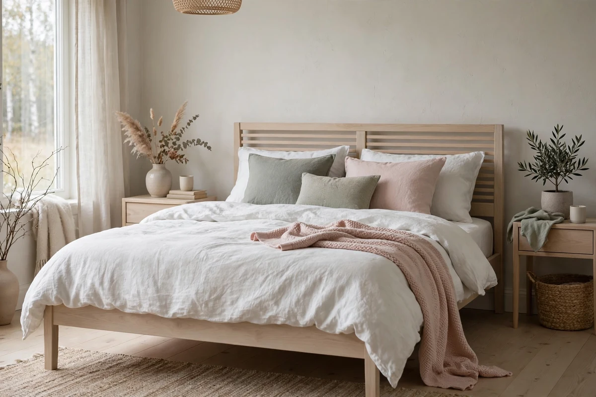 Muted sage and blush pastel accent pillows on white bedding in a Scandinavian bedroom
