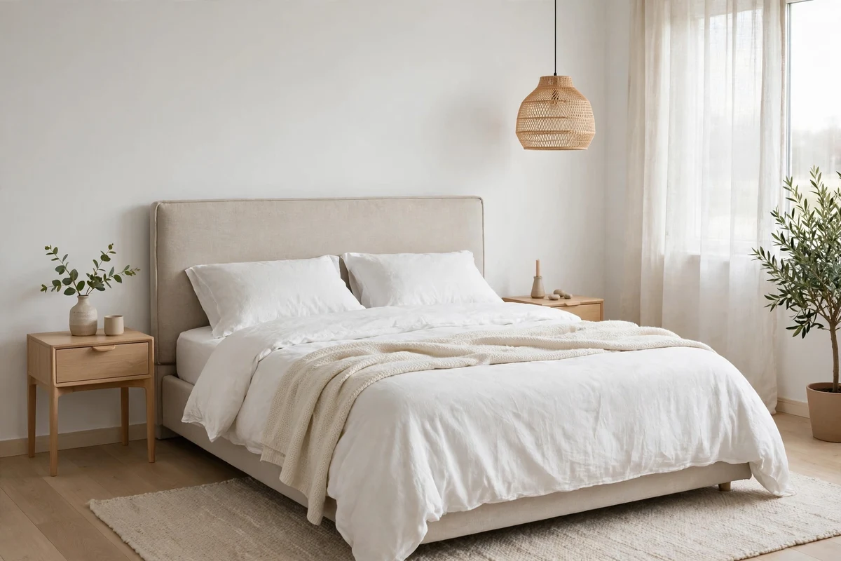 Oatmeal linen upholstered headboard in a calm Scandinavian bedroom