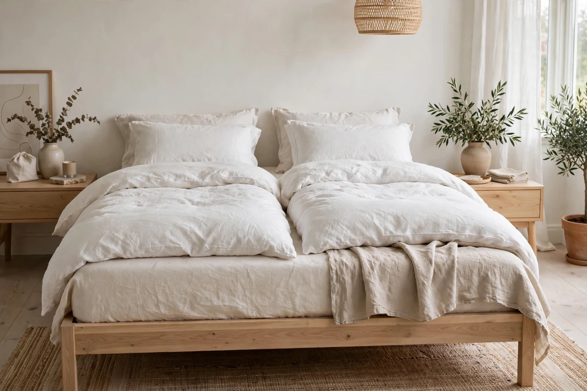 Two separate white duvets on a Scandinavian bed, traditional Nordic sleep method
