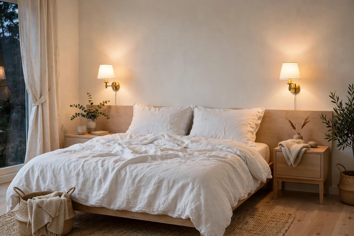 Minimalist brass wall sconces flanking a bed in a Scandinavian bedroom