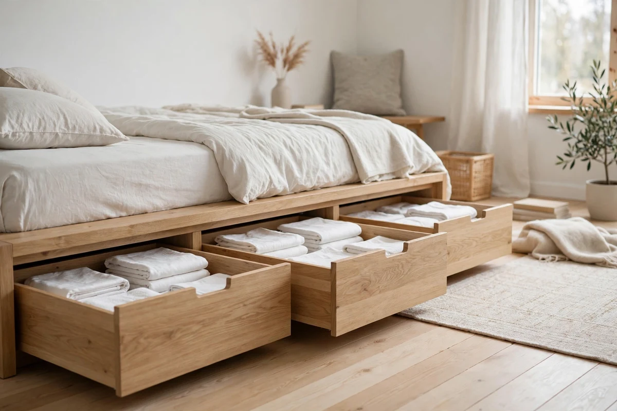 Light oak under-bed storage drawers in a tidy Scandinavian bedroom
