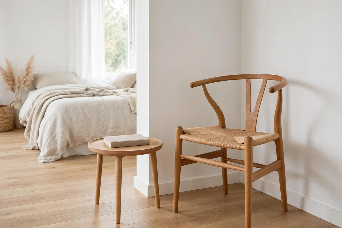 Wishbone style wooden accent chair with woven seat in a Scandinavian bedroom corner