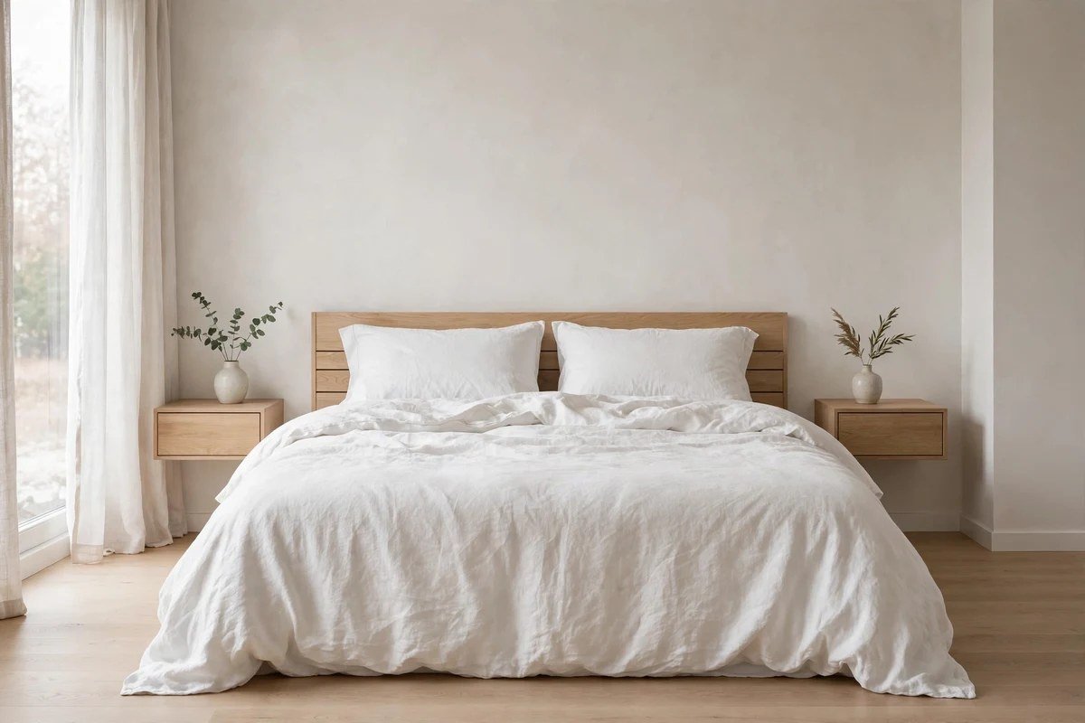 Floating light oak nightstands beside a bed in a Scandinavian bedroom
