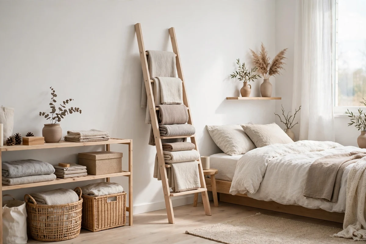 Wooden ladder shelf holding folded throws in a Scandinavian bedroom