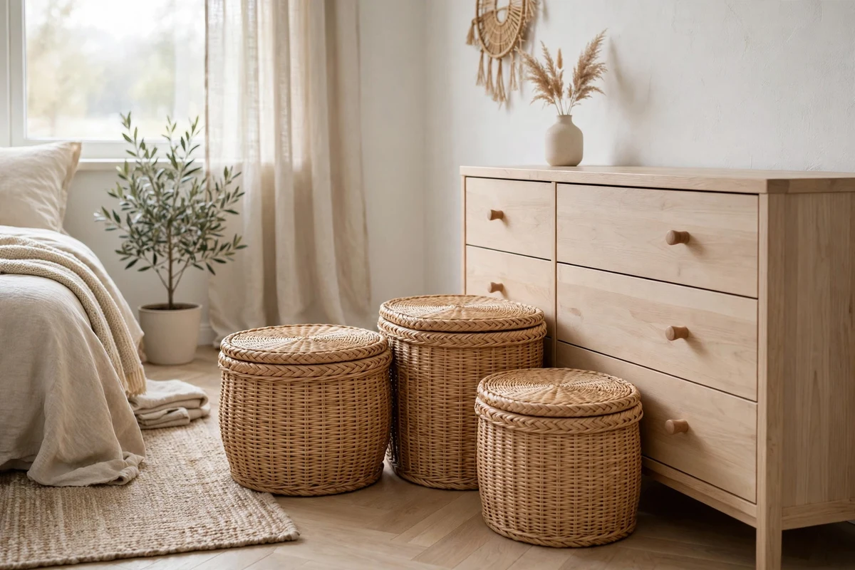 Natural rattan storage baskets in a tidy Scandinavian bedroom