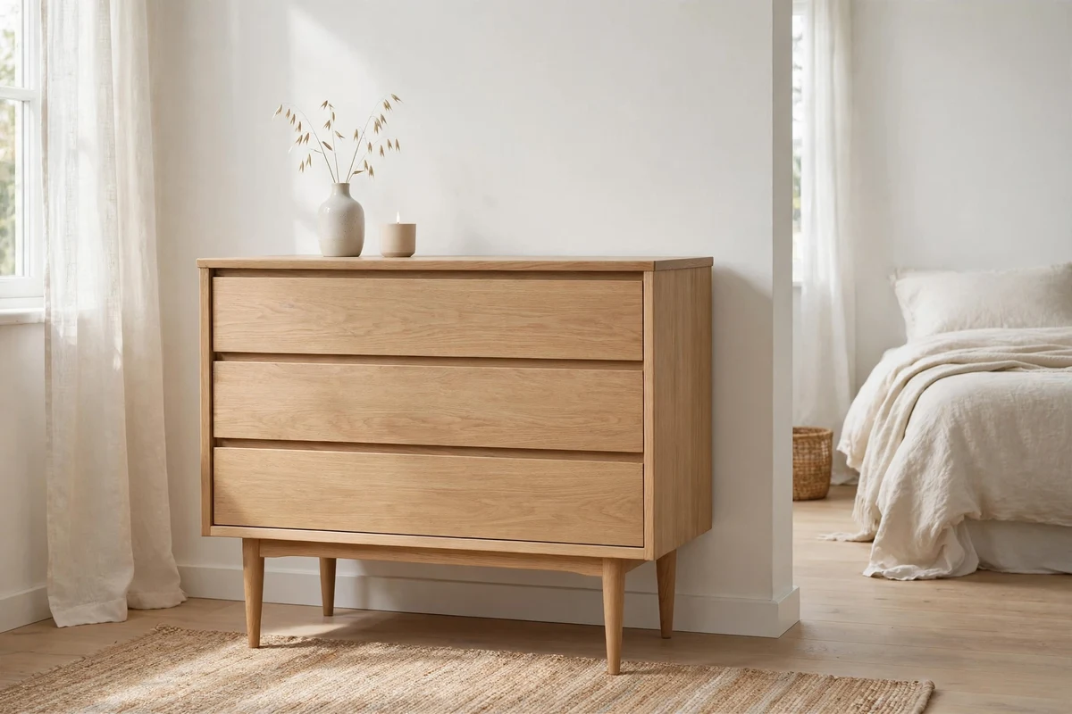 Light wood dresser with tapered legs styled minimally in a Scandinavian bedroom