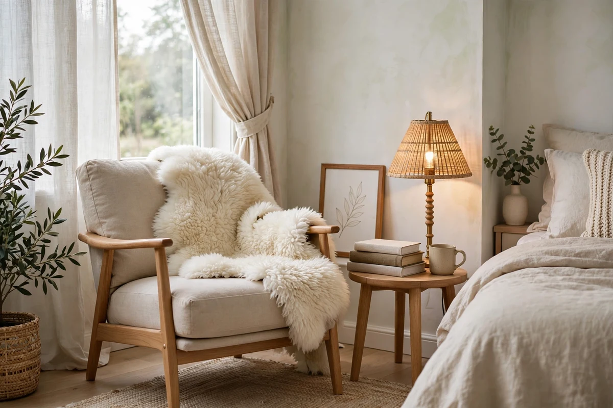 Cozy reading nook with sheepskin draped chair in a Scandinavian bedroom corner