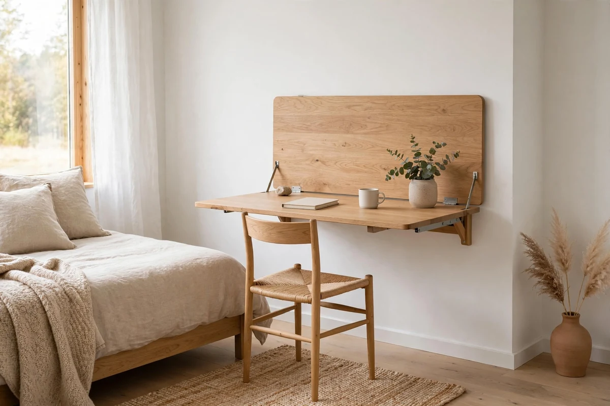 Wall-mounted folding oak desk in a bright Scandinavian bedroom