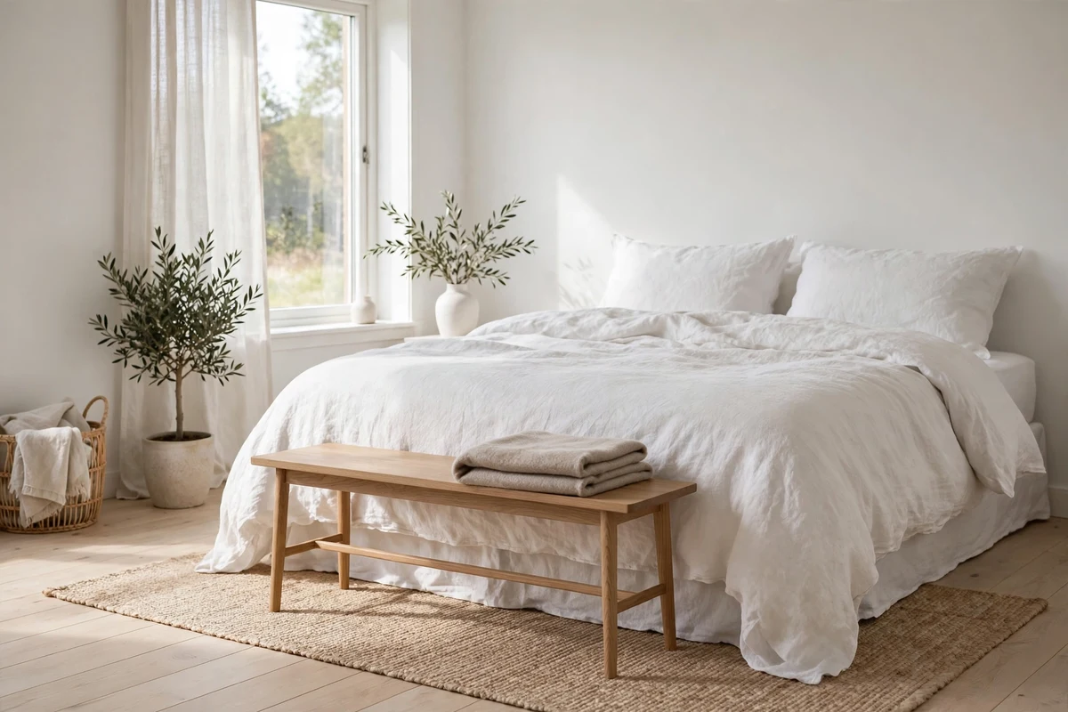 Simple oak bench at the foot of a bed in a Scandinavian bedroom