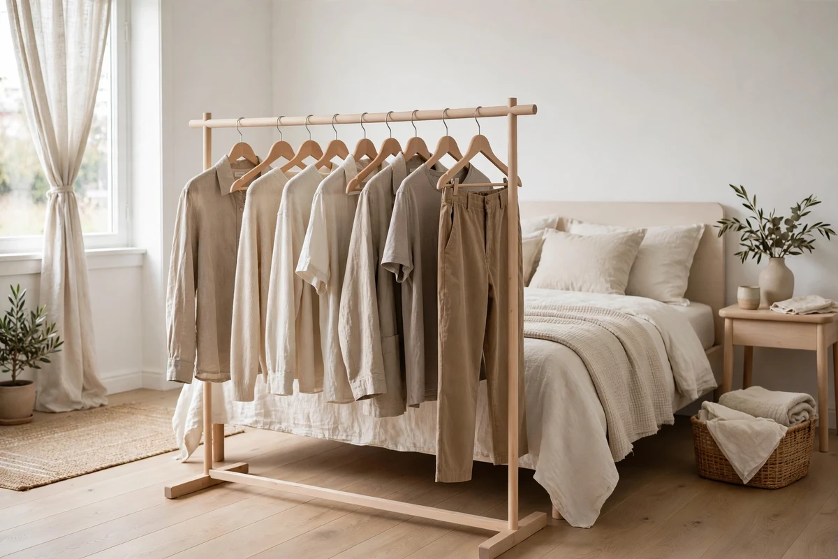 Minimalist open clothing rail in light wood in an airy Scandinavian bedroom