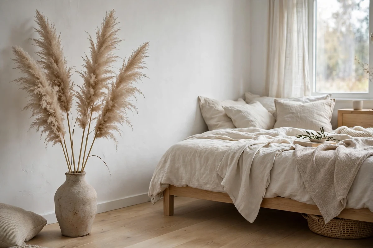 Dried pampas grass in a stoneware vase in a Scandinavian bedroom