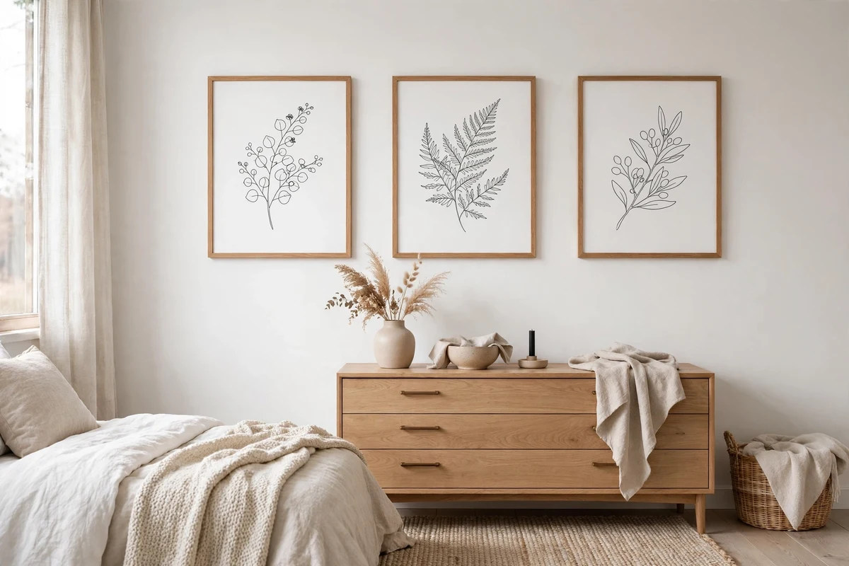 Black and white minimalist line art in thin oak frames on a Scandinavian bedroom wall