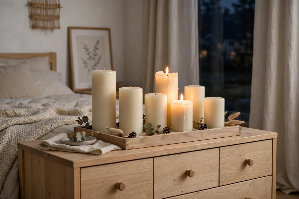 Cluster of ivory pillar candles on a wooden tray in a Scandinavian bedroom