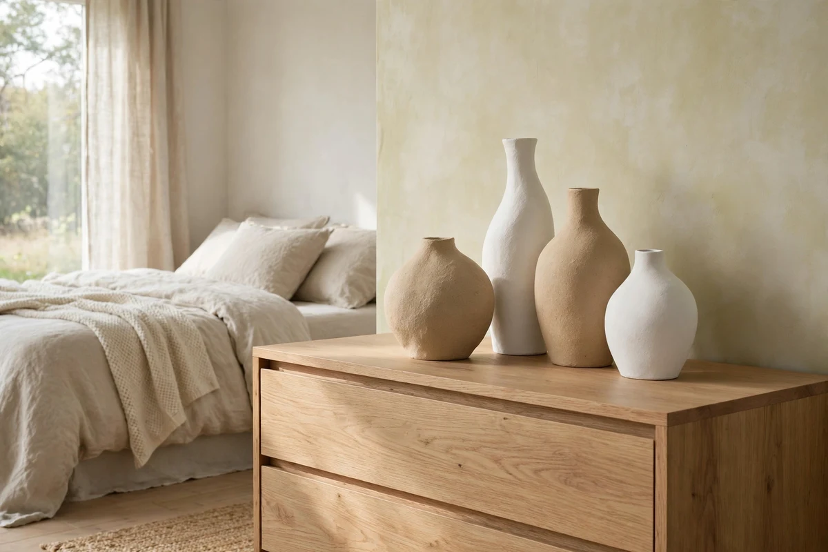 Matte white and sand ceramic vases on a dresser in a Scandinavian bedroom