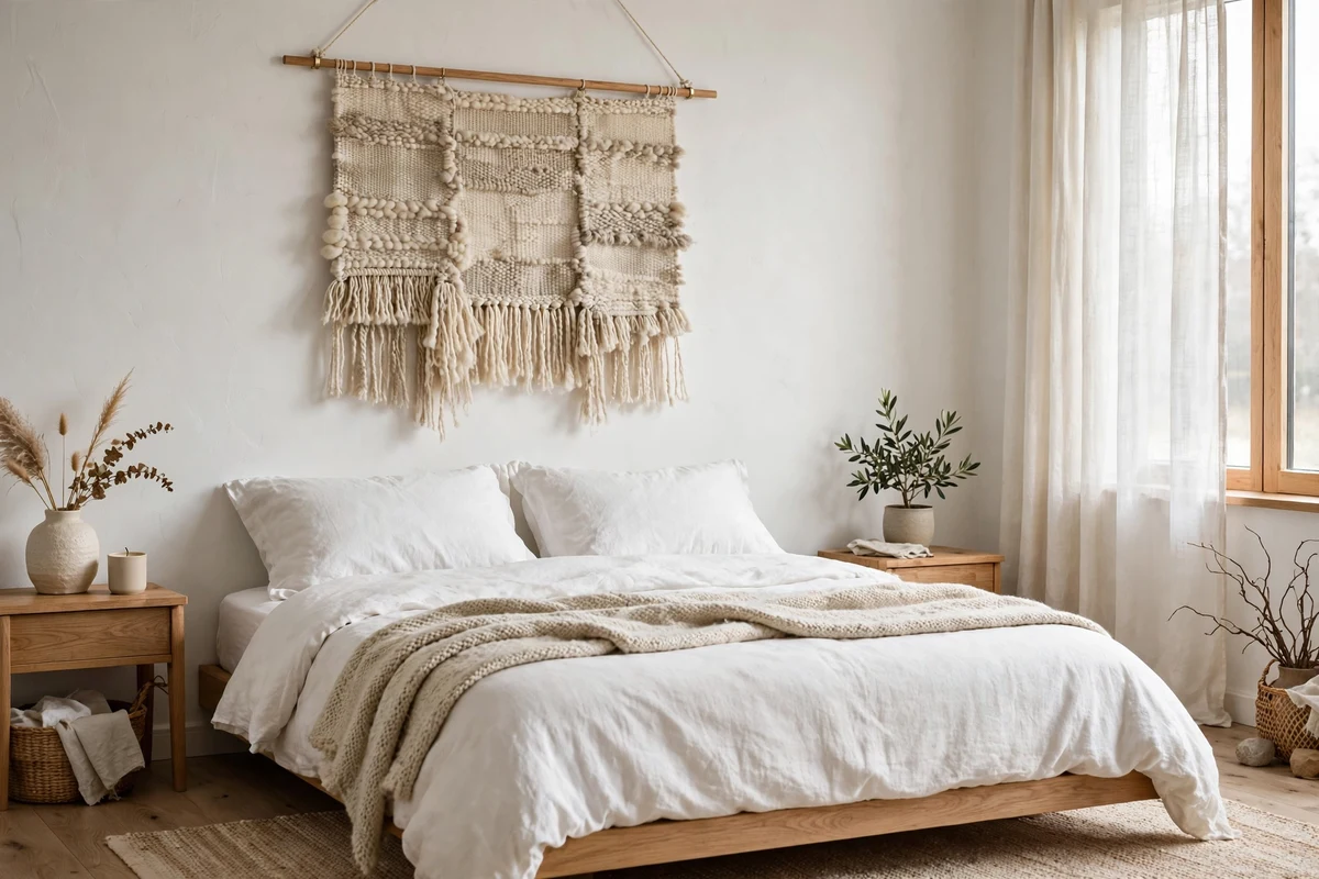 Neutral wool woven wall hanging above a bed in a Scandinavian bedroom