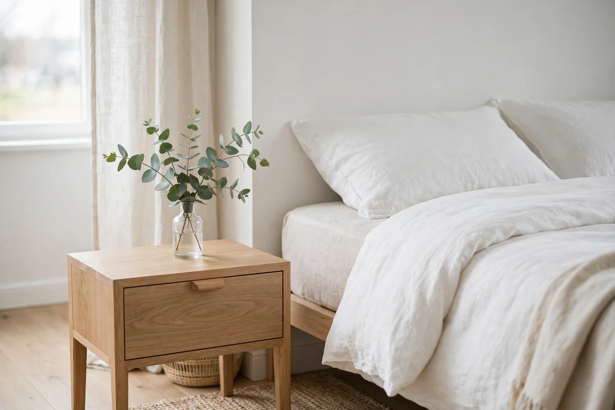 Fresh eucalyptus sprig in a glass vase on a nightstand in a Scandinavian bedroom