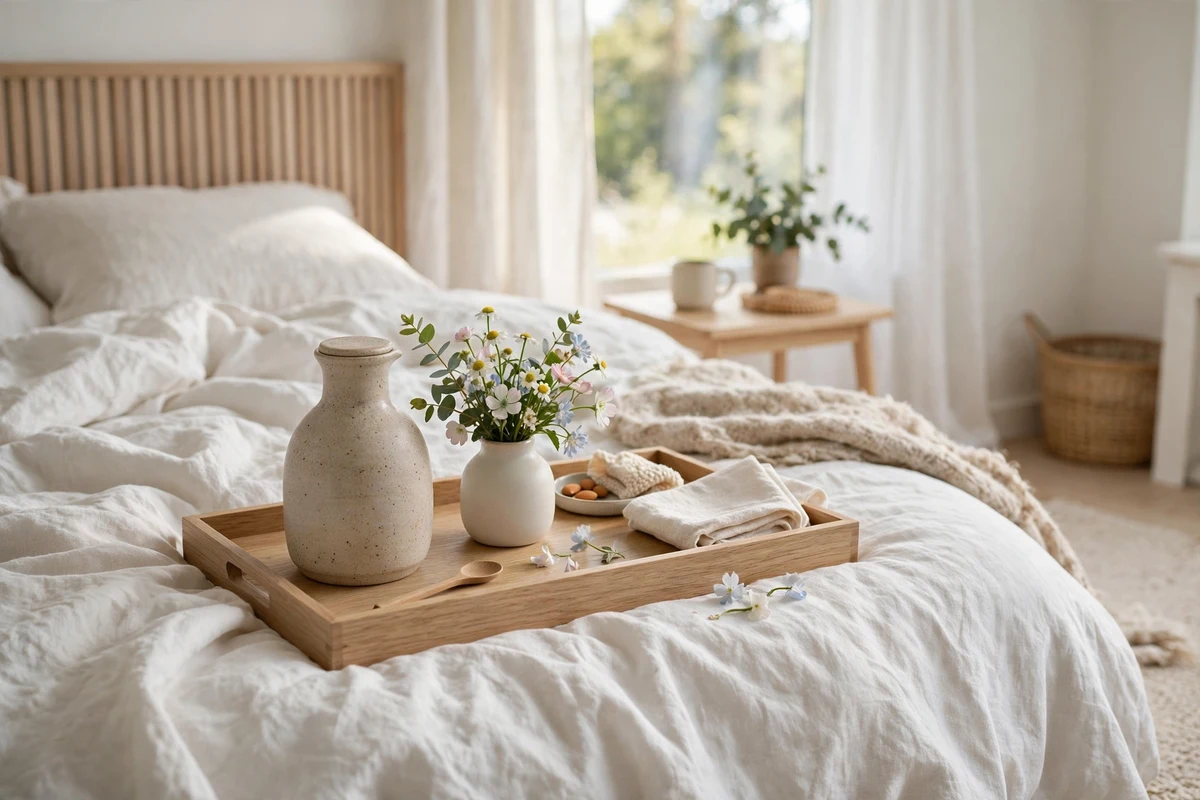 Light oak breakfast tray styled on white linen bedding in a Scandinavian bedroom