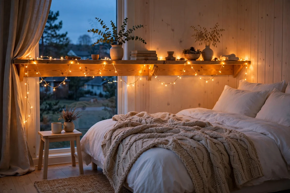 Warm amber fairy lights glowing softly in a Scandinavian bedroom at dusk
