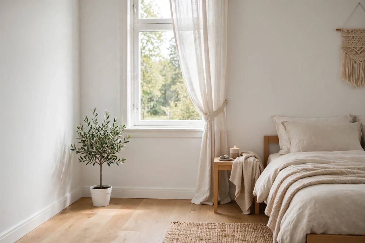 Small potted olive tree in the corner of a bright Scandinavian bedroom
