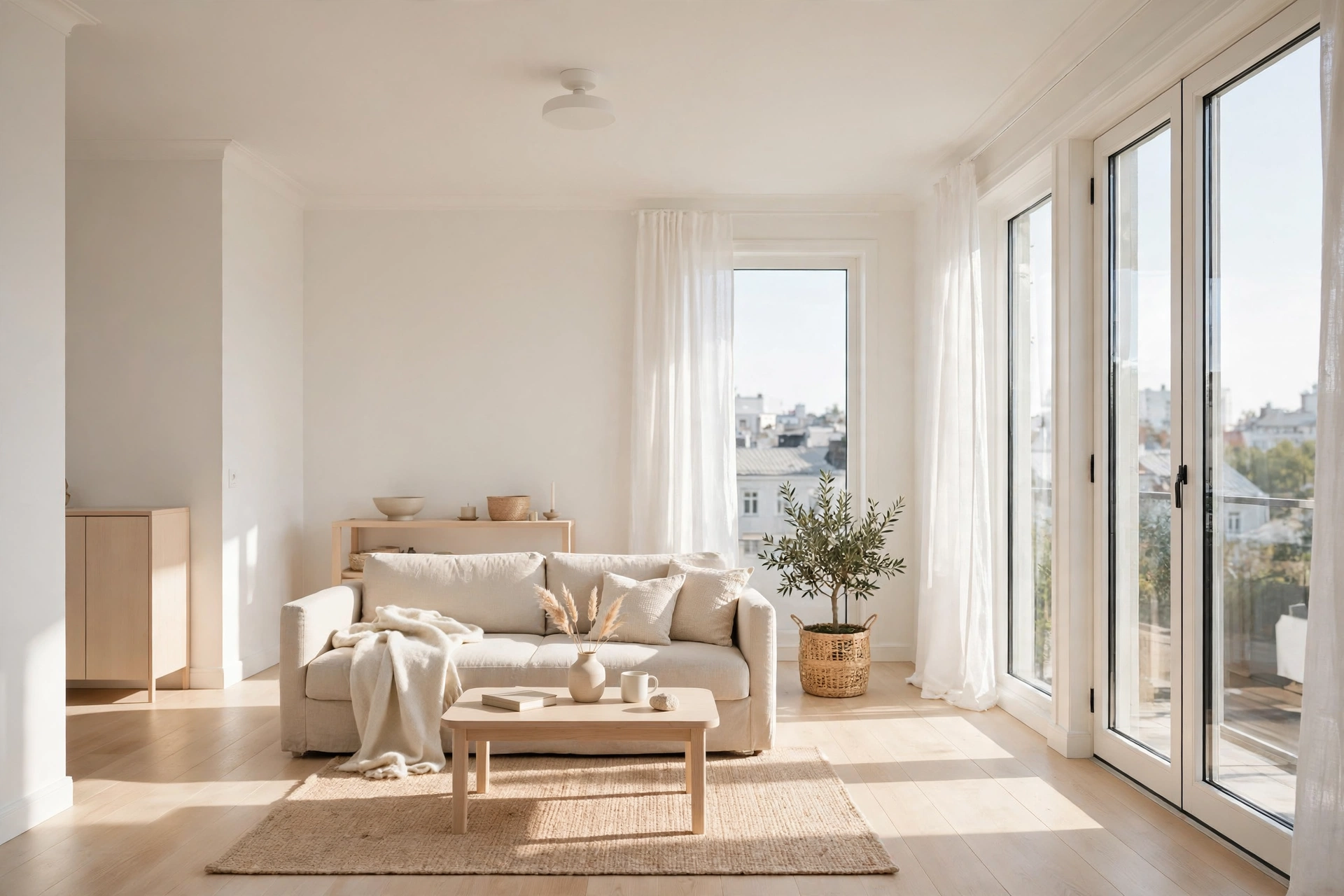 Bright Scandinavian studio apartment with crisp warm white walls and soft daylight