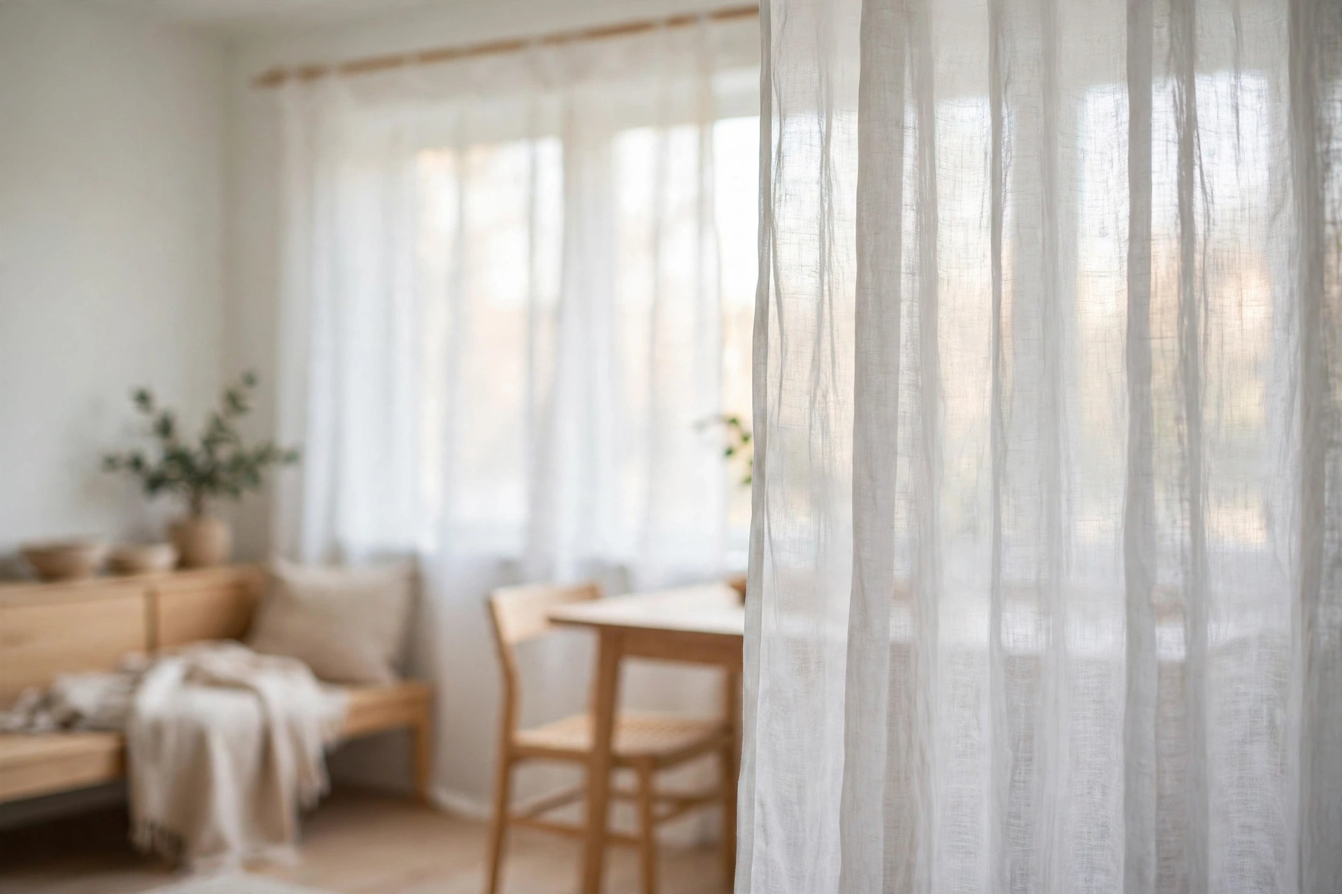 Sheer white linen curtains filtering daylight in a Scandinavian studio apartment
