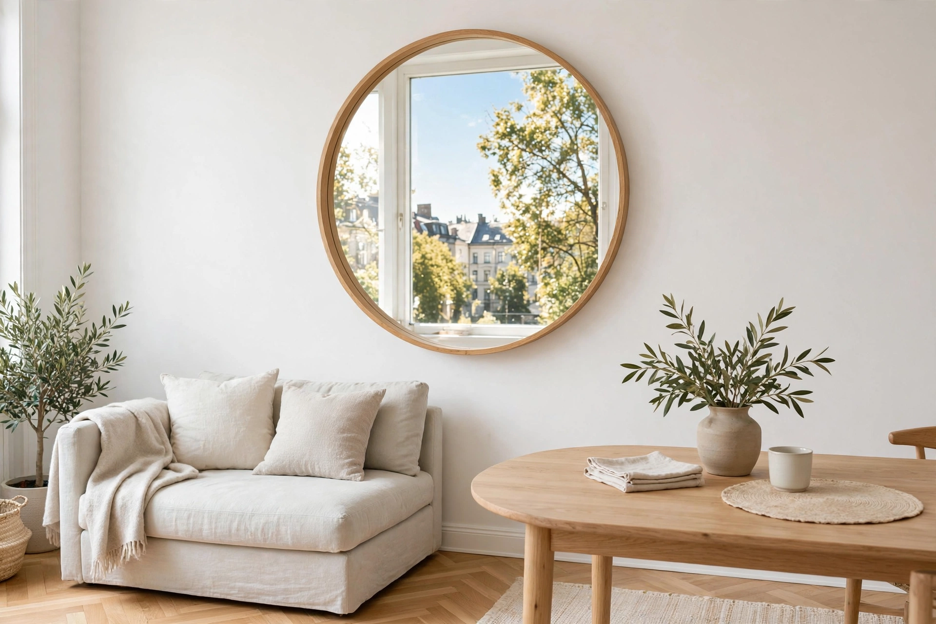 Round mirror reflecting window light into a bright Scandinavian studio living area