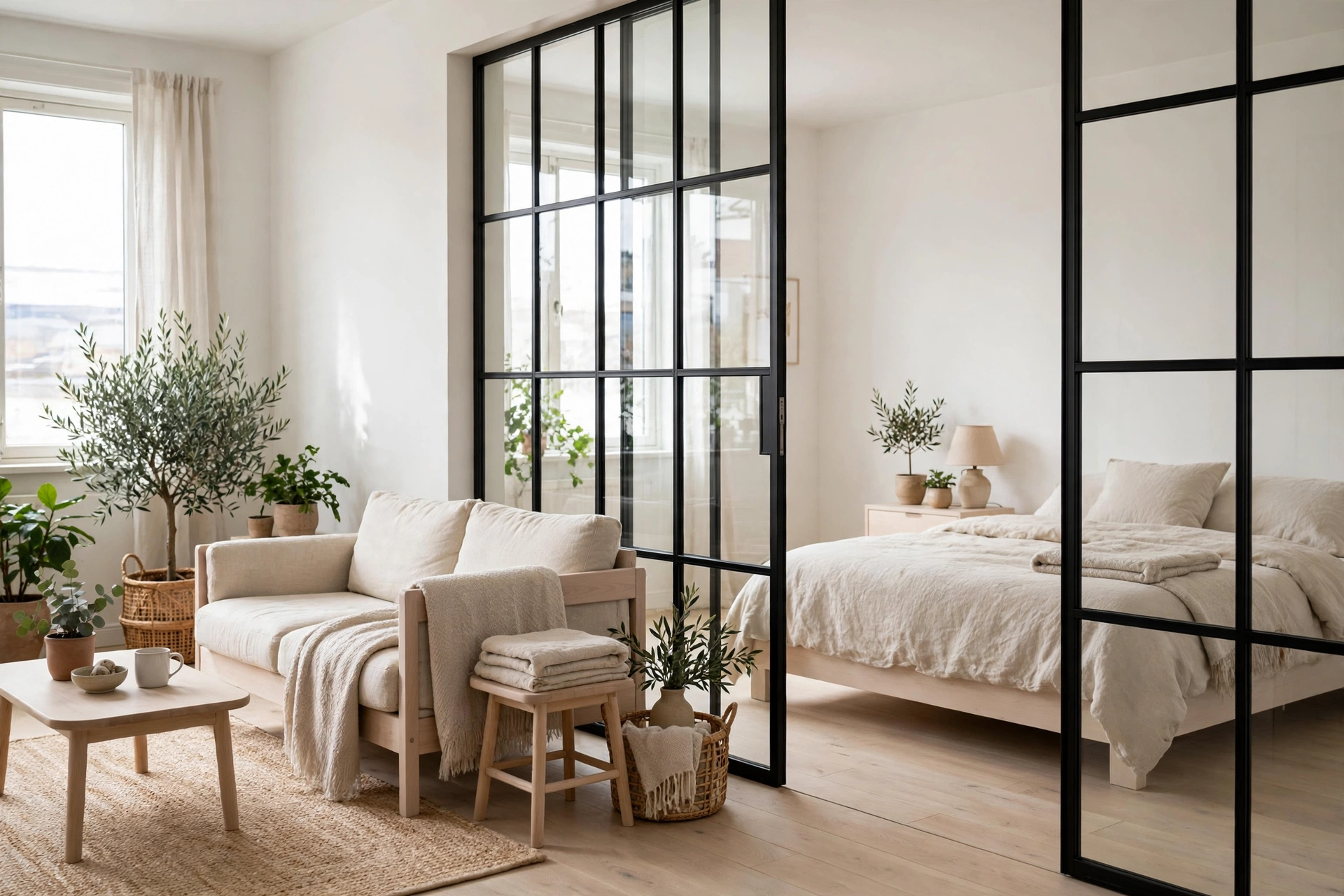 Glass partition dividing sleeping and living zones in an airy Scandinavian studio
